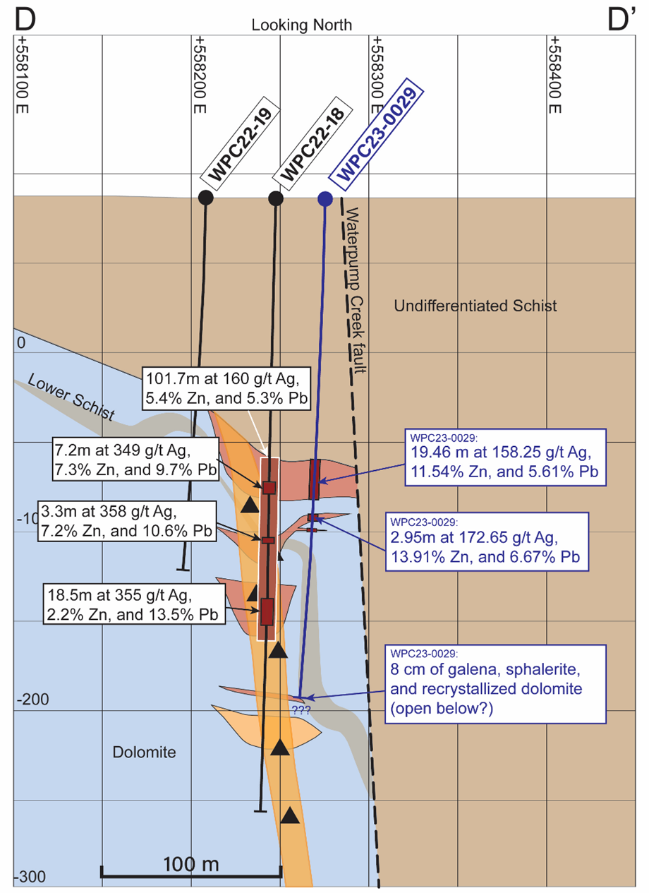 Figure 2: D-D' Cross section displaying the drill trace for hole WPC23-0029